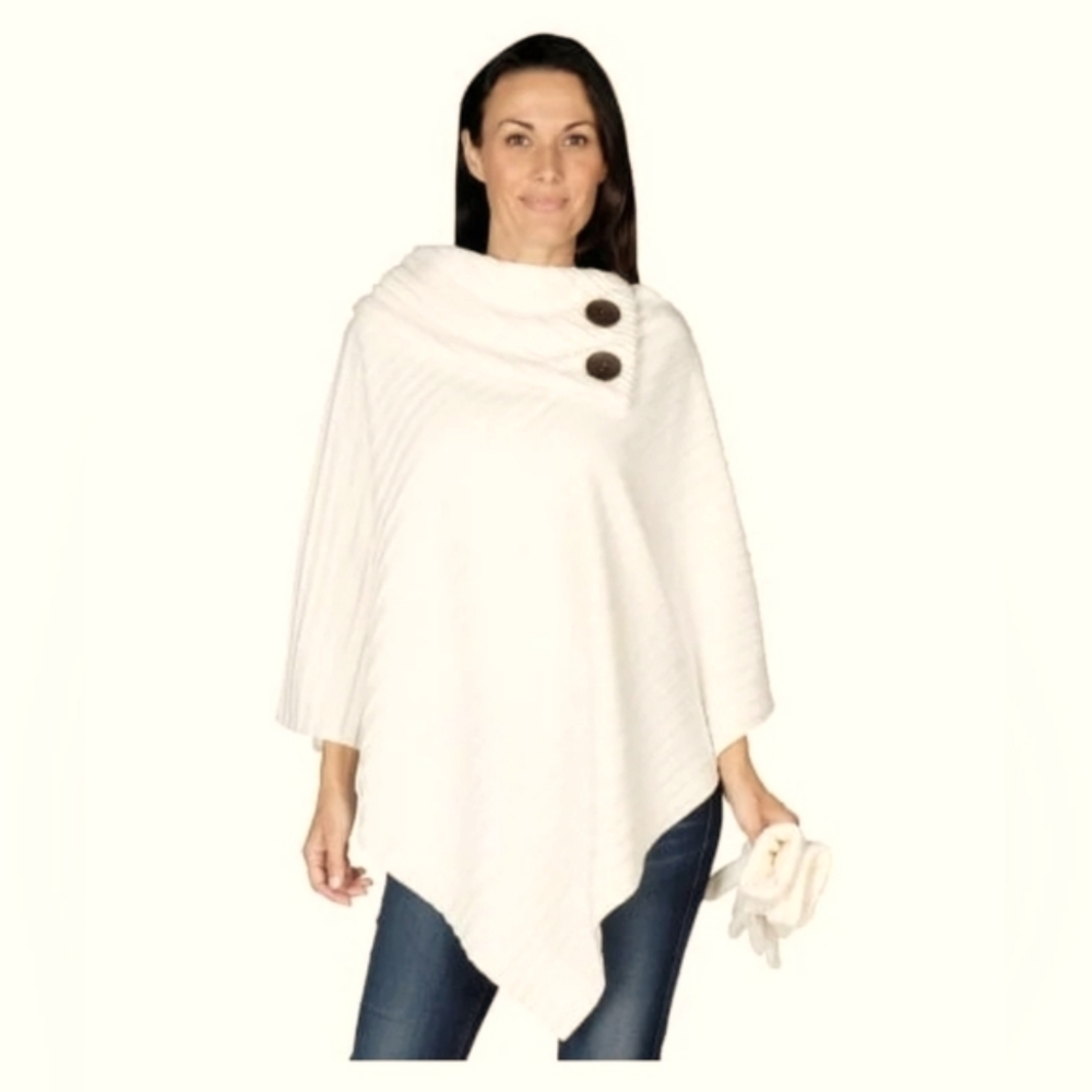 Moda Classic  Off White Women's Poncho with Button Accents